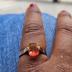 Stainless Steel Octagonal Cut Gemstone Ring Gradient Orange Pink Statement sz 10